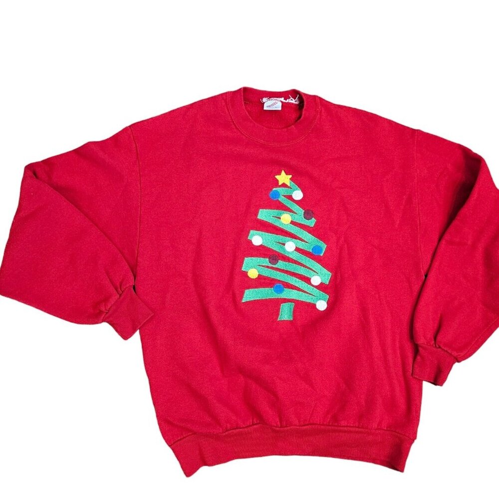 Vintage 80s Size M/L Christmas Tree Sweatshirt Red Crewneck Embroidered Retro